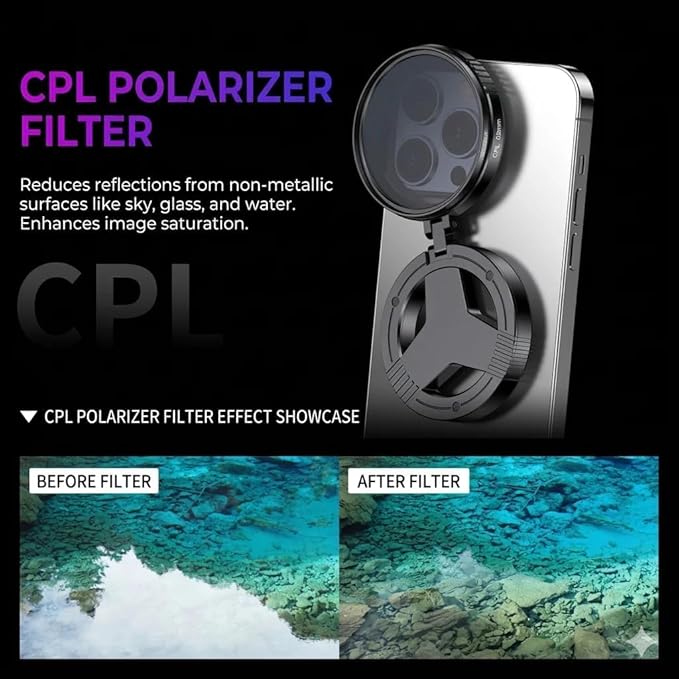 Anti-Glare Magnetic Phone Filter, 52mm Rotatable CPL Polarizing Lens, Reduces Reflections, Enhances Colors, Foldable & Retractable Design, Universal Fit for Smartphones (2pcs)