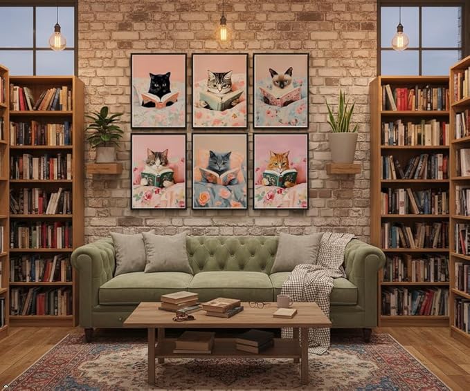 Zhfmoir Cute Cat Reading Posters Wall Art Set of 6, Funny Cats with Books Prints Aesthetic Kitty Wall Decor for Girls Bedroom Kids Room Nursery Classroom Library Decor 8x10 Inch Unframed