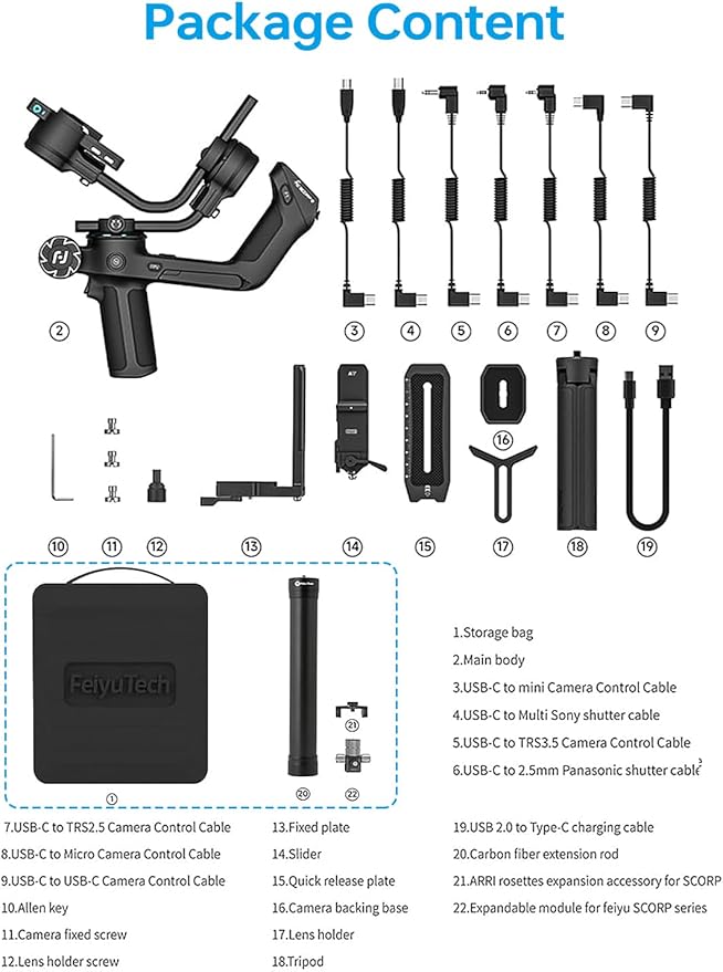 FeiyuTech SCORP 2 [Combo]: Camera Gimbal Stabilizer + Poratble Bag+ARRI Rosettes Gear+Carbon Fiber Bar,Built-in AI Tracker,1.3'' Touch Screen,for Sony/Canon/Nikon/Fujifilm Mirrorless&DSLR Camera