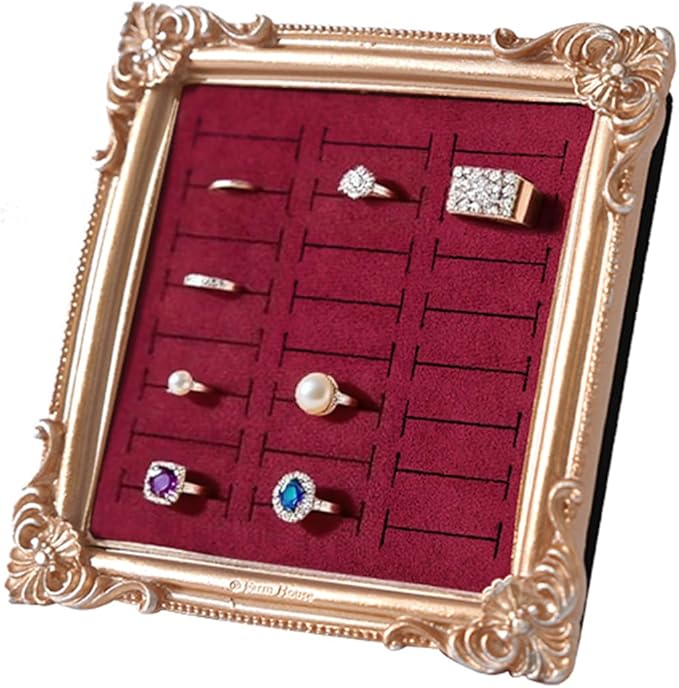Vintage Photo Frame Ring Holder - 24 Slot Velvet Jewelry Organizer Display Stand for All Ring Sizes, Gold Baroque Elegant Storage Tray for Wedding Engagement Collection Photography (Red)