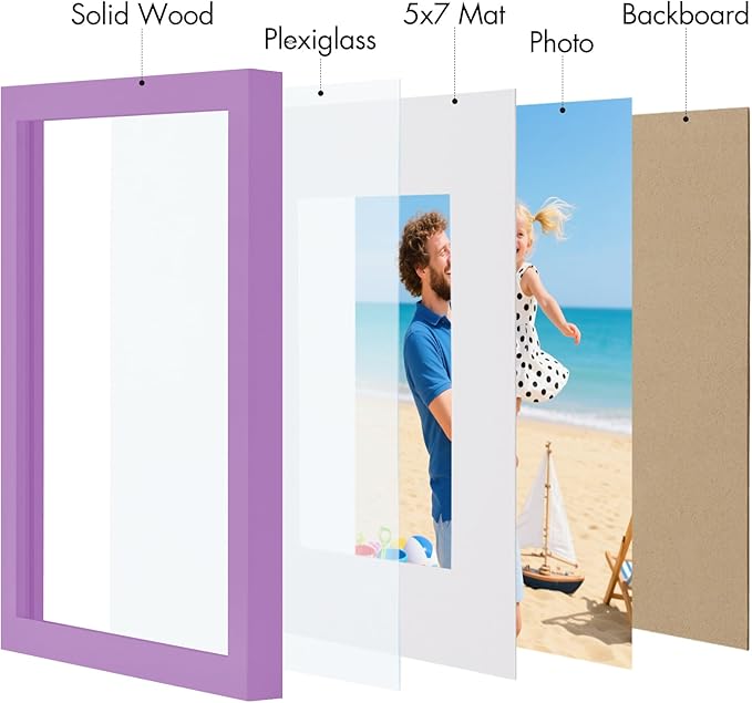 Vittanly 8x10 Picture Frame, Made of Solid Wood and Shatterproof Plexiglass, Display Pictures 5x7 with Mat or 8x10 without Mat, Wooden Photo Frame for Wall Mounting or Tabletop Display, Purple, 1 Pack