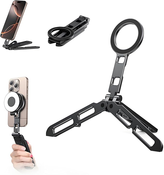 Magnetic Phone Tripod for iPhone 16/15/14/13/12 Plus Pro Max Series,Aluminium Mini Magsafes Tripod for iPhone & Magsafes,Double-Sided Design,1/4" Screw,Cold Shoe Interface,Arca Swiss Base