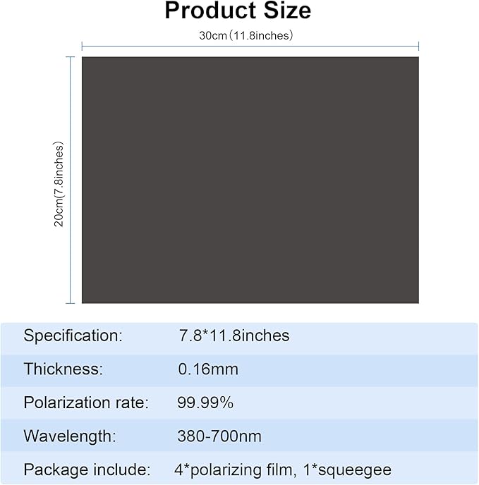 Selens Polarizer Film 7.8x11.8 inch Non-Adhesive Polarized Film Sheets for Physics Education, Photography, Screen 4Pcs