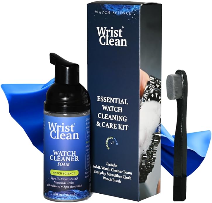 Essential Watch Cleaning Kit | Safe on all Metals & Crystals | (1x) Watch Cleaner Foam 50ML, (1x) Everyday Watch & Jewelry Cleaning Cloth 10"x10", (1x) Watch Cleaning Brush | USA Made (3 piece set)