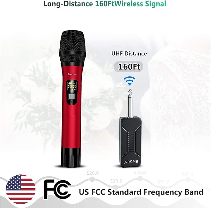 Wireless Microphone, Uhf Metal Dynamic Handheld Karaoke Mic, Rechargeable Receiver (Work 6hs),160ft Range, for Karaoke, Singing, Stage, Wedding, Speech, Karaoke Machine, Speaker, Amplifier, Mixer
