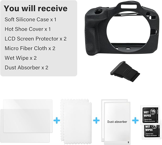 EOS R100 Camera Accessories Kit - Silicone Protective Case, LCD Screen Protector (2 Packs), Hot Shoe Cover
