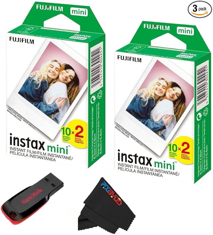 Fujifilm Instax Mini Instant Daylight Film for Instant Camera with USB and PixiBytes Microfiber Cleaning Cloth... (2 x Twin Packs + USB)