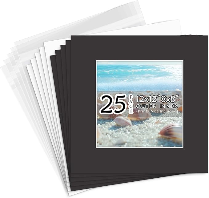 Golden State Art, Acid-Free, Pack of 25, 12x12 Black Picture Mats Mattes with White Core Bevel Cut for 8x8 Photo + Backing + Bags