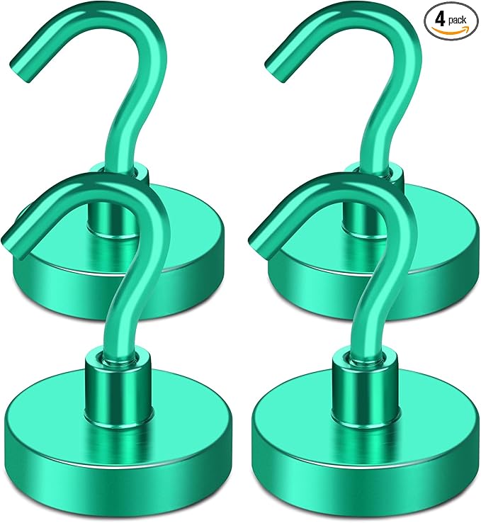 MIKEDE Magnetic Hooks Heavy Duty, 85LB Strong Magnet with Hook for Fridge, Super Neodymium Extra Strength Industrial Hooks for Hanging, Magnetic Hanger for Toolbox, Cruise, Grill(Green,4 Pack)