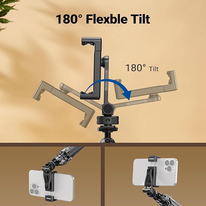 NEEWER Metal Phone Tripod Mount with Cold Shoes, 1/4" Thread, 180° Tilt, 360° Rotation, Adjustable Phone Clamp Holder Compatible with iPhone 17 Pro Max 16 15 Samsung S25 S24 Ultra Camera Cage, GA010