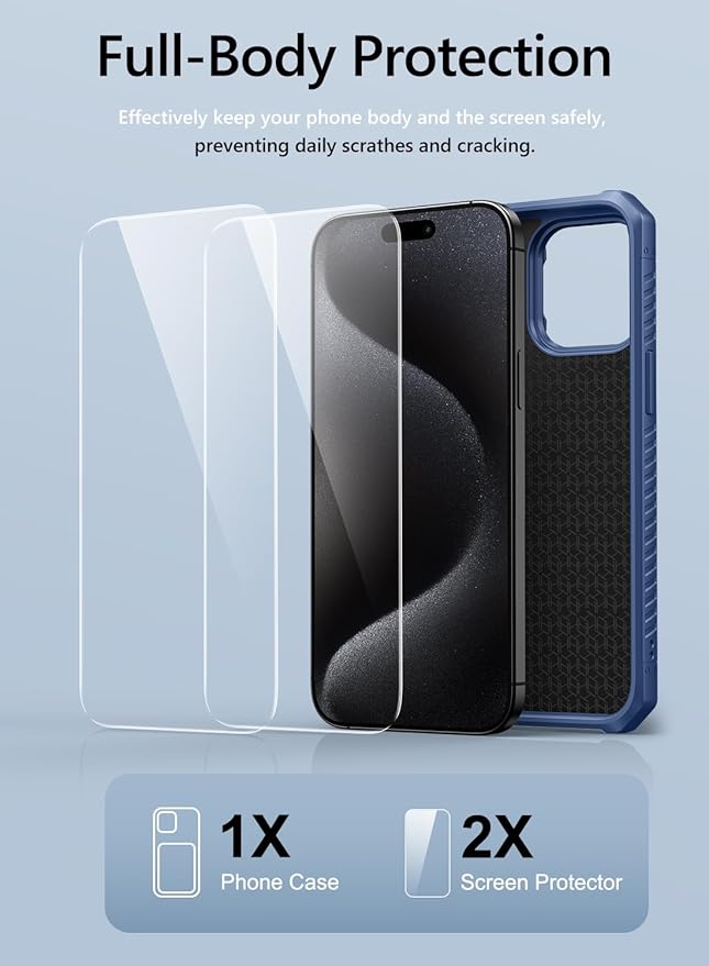 Vihibii for iPhone 15 Pro Max Case with Card Holder (4 Cards), Built-in 2X Tempered Glass Screen Protector & Slide Camera Cover & Kickstand, Military Grade Drop Protection, Rugged Wallet Case, Blue