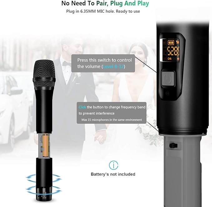 Bietrun Wireless Microphone, Dynamic Microphone with Rechargeable Receiver, Auto Connect,All Metal Design,160ft Range,Cordless Mic for Karaoke Machine,Amplifier Speaker,Mixer,iPhone,Camera, Interview