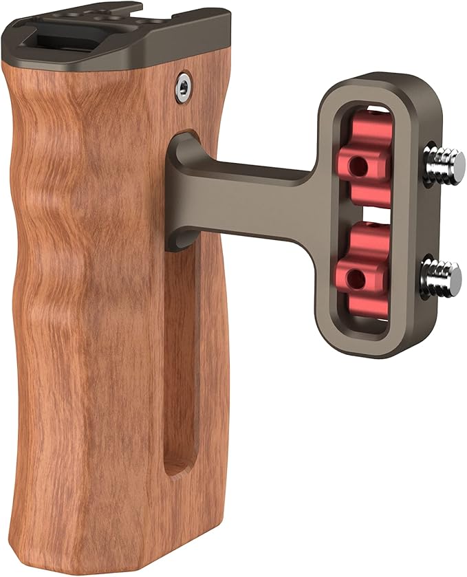Poyinco Wooden Mini Handle Side Handgrip with 1/4"-20 Screws for Digital Camera DSLR Camera Cage with Cold Shoe Mount Built-in Wrench can Up and Down Adjustable - Bronze