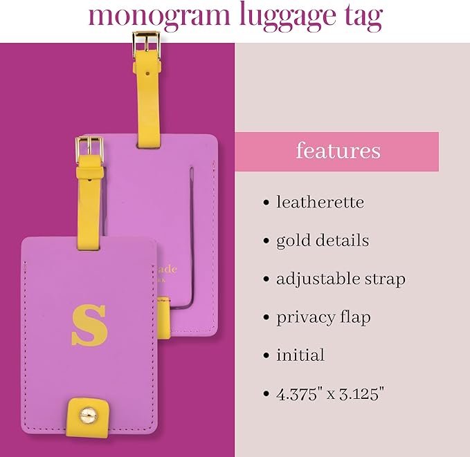 Kate Spade New York Leatherette Luggage Tag with Secure Strap, Colorful Suitcase Identifier for Travel, Monogram Bag Tag ID (S) (Pack of 2)