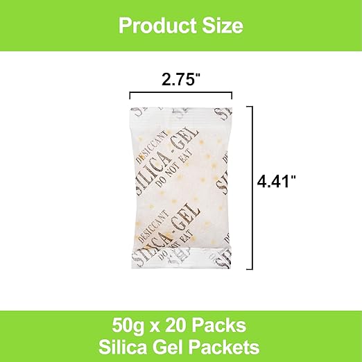 20-Pack 50g Large Silica Gel Packs – Heavy Duty Premium Reusable Moisture Absorbers with Color Indicator for Closets, Totes, Safes & Electronics