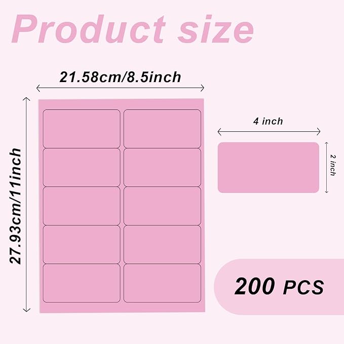 2" x 4" Colored Address Labels, 200 Bright Pink Label Stickers- Laser/Ink Jet Printer Mailing Labels, 8.5"x11" 20 per Sheet