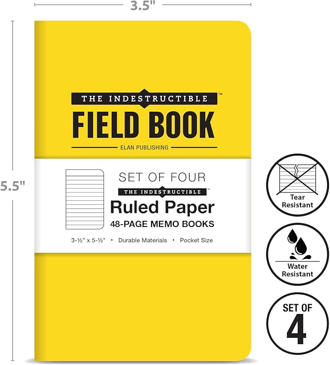 Elan Publishing Company Indestructible Field Notebook/Pocket Journal - 3.5"x5.5" - Yellow Cover - Lined Memo Book - Pack of 4