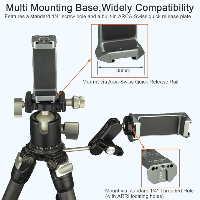 Aluminum Phone Tripod Mount Adapter with 2 Cold Shoes & Arca-Swiss Quick Release Plate,Metal Universal Adjustable Cell Phone Holder Clamp for iPhone 17/16/15/14/13 Pro Max/Samsung