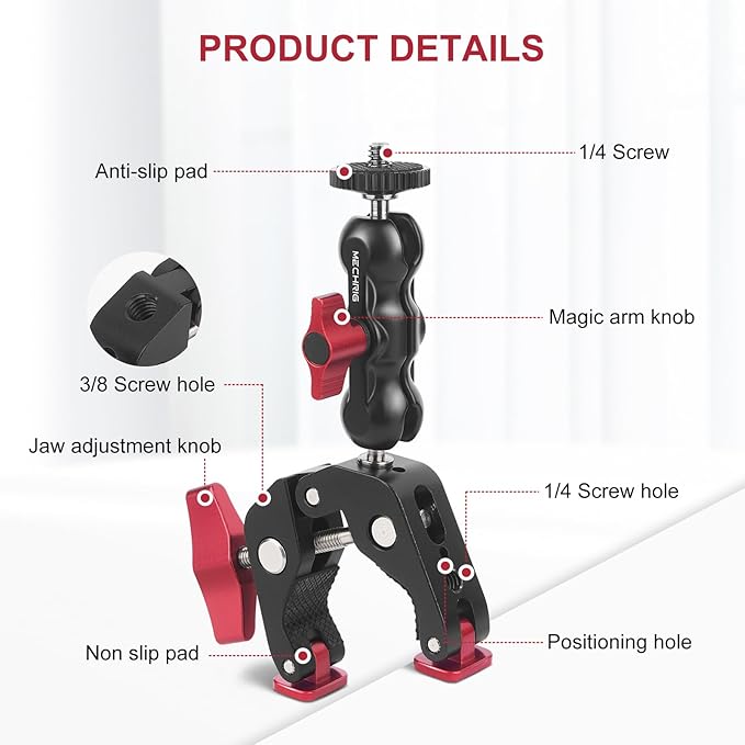 Camera Mount Clamp, Super Clamp with Dual Ballhead Magic Arm for/Phone Holder/Tripod Mount Adapter - 1/4" & 3/8" Holes,360°Adjustable for G0pro,Phone, Microphone,Monitor and Light JC009