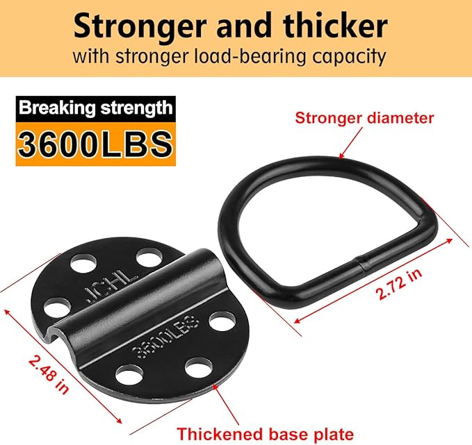 D-Rings Tie Downs Anchors Heavy Duty Steel 3600 Pound Capacity Lashing Rings for Loads on Trailers Trucks RV Campers Vans ATV SUV Boats Tie Down Ring with Screws&Bolts (6-Packs)