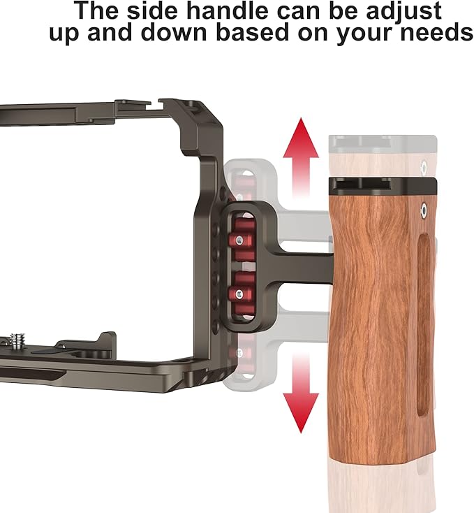 Poyinco Wooden Mini Handle Side Handgrip with 1/4"-20 Screws for Digital Camera DSLR Camera Cage with Cold Shoe Mount Built-in Wrench can Up and Down Adjustable - Bronze