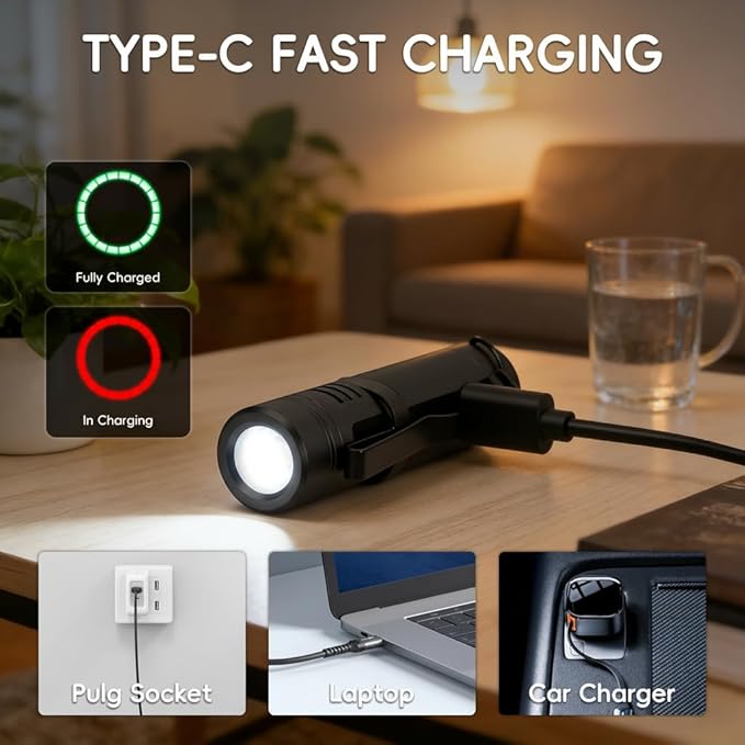 2 Packs Pocket Rechargeable EDC Flashlight, Mini Keychain Light with Magnetic Base and Side Clip, 500 Lumens Rechargeable Keychain Torch with 9 Modes for Camping, Travel (2 Black)