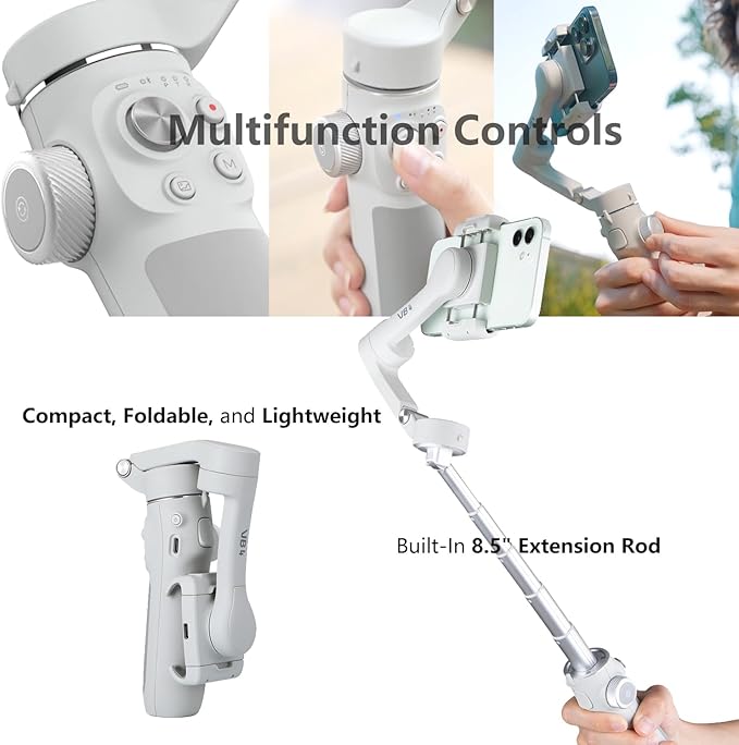 FeiyuTech VB4 3-Axis Phone Gimbal Stabilizer for iPhone & Android, Foldable Portable Smartphone Gimbal with Tripod & Extension Rod for Vlogging, TikTok, YouTube, Travel