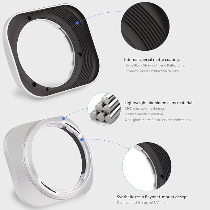 Haoge LH-X35S Bayonet Square Metal Lens Hood for Fujifilm Fuji Fujinon XF 35mm F2 R WR XF35mmF2, XF 23mm f2 R WR XF23mmF2 and XC 35mm F2 XC35mmF2 Lens Replace LH-XF35-2 Silver