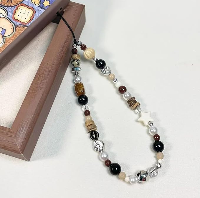 2 Pcs Phone Charm Strap Universal Hand Phone Wrist Strap Camera Lanyard Pearl Beaded Cute Chain String Accessories Universal for iPhone 17 16 Pro Max Samsung Women Girls Keychain Brown and White Star
