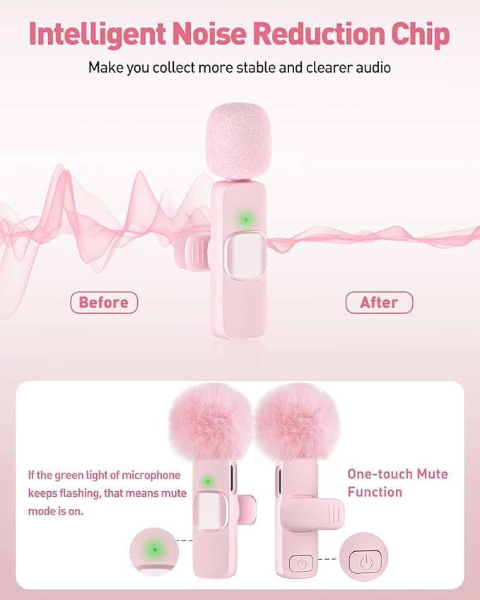 PoP voice USB C Pink Mini Microphone for iPhone 16/15/14/Android, Wireless Lavalier Microphone with Noise Reduction, Lapel Lav Mic for Vlog YouTube TikTok Recording, 12H, 65ft