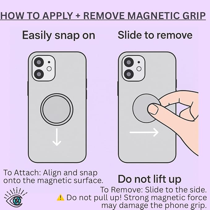 Grips by CRYSTALFY Magnetic Phone Grip & Silicone Phone Holder with Loop, Extra Metal Ring, Compatible with MagSafe & Non-MagSafe iPhone Cases - Secure Cellphone Loop Handle (Purple Sparkle)