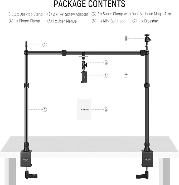 NEEWER Overhead Camera Mount Rig with 2 Ball Heads, Super Clamp/Mobile Phone Holder/Camera Desk Mount, Multi Device Mount, Platform Overhead Tripod, Adjustable Height Width, Max Load 12 kg, NK002