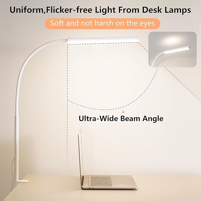 LED Desk Lamp for Office Home, Adjustable Flexible Eye-Caring Desk Light with,5 Modes 10 Brightness Adjustment, USB Adapter Desk Lamp with Clamp-LK-W