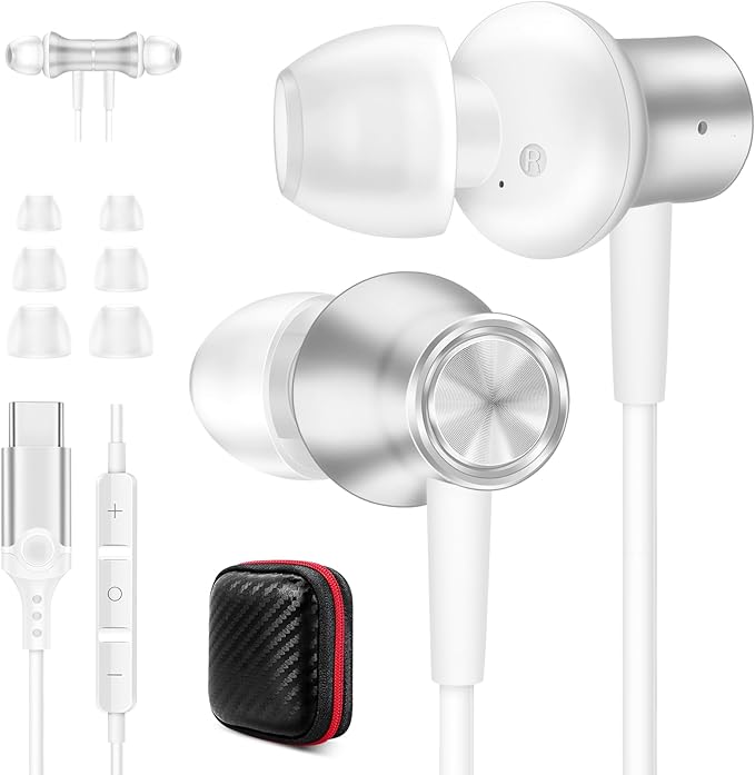 Jiunai USB C Earbuds for iPhone 17 16 15 Galaxy S25 Type C Wired Headphones with Mic in Ear Magnetic Snap S M L Ear Tips Stereo Ear Buds for Samsung S26 S24 for iPad Pro M5 Pixel 10 9 Pro Silver