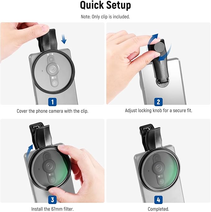 NEEWER 67mm Phone Camera Lens Filter Clamp, Adjustable Threaded Filter Clip Mount with Nonslip Rubber Pads, Compatible with Samsung Galaxy Google Pixel Huawei Xiaomi, LA008