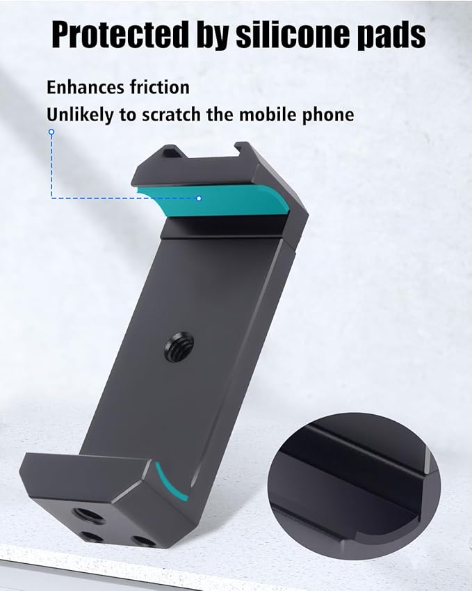 Universal Cold Shoe Phone Clamp Mount with Triple 1/4" Screws - 60-80mm Silicone Grip for iPhone Samsung Vlog Live Streaming Camera Accessories 84001