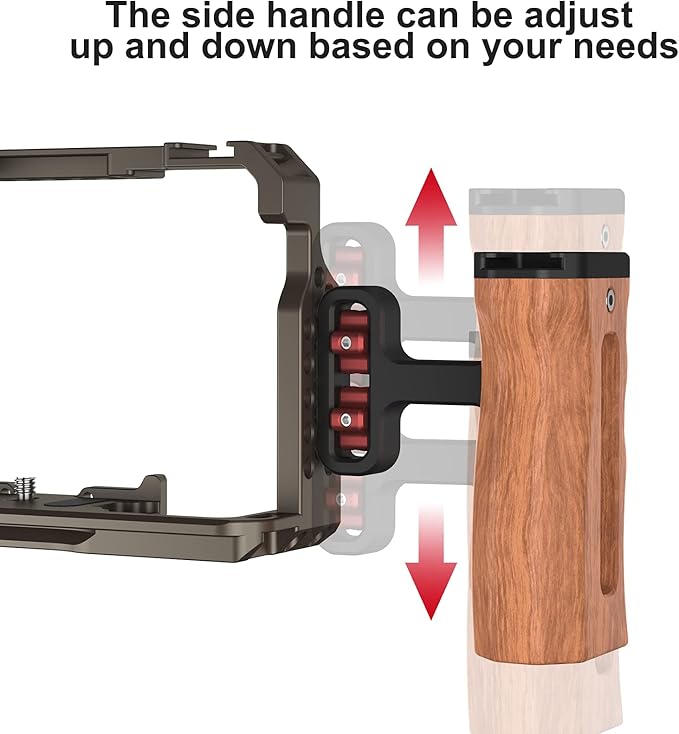 Poyinco Wooden Mini Handle Side Handgrip with 1/4"-20 Screws for Digital Camera DSLR Camera Cage with Cold Shoe Mount Built-in Wrench can Up and Down Adjustable - Black
