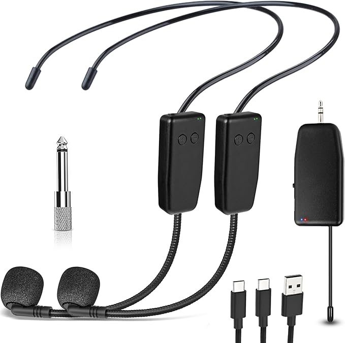 Wireless Dual Microphone Headset Professional: 2.4G Cordless Head Mic for 2 People - 160ft Range,1/8'' and 1/4'' Plug, for Singing, Tours, Speaker, Fitness, Voice Amplifier, PA System