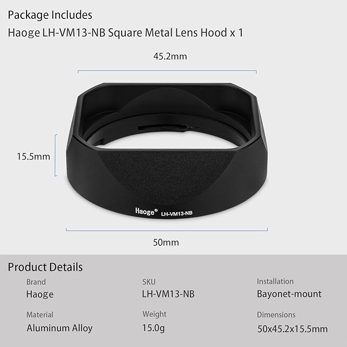 Haoge Square Metal Lens Bayonet Hood for Voigtlander 35mm F2 35mm F1.5 28mm F2.0 Type I & II Ultron Aspherical Vintage Line Leica VM Mount Lens LH-VM13P-NB Replace LH-12 LH-4N