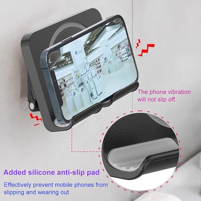 Upgraded Shower Phone Holder Tablet Wall Mount Phone Holder Removable,Self-Adhesive Cell Phone Holder for Bed Bathroom Kitchen, Compatible with iPhone Samsung Galaxy Tablet Switch - Black