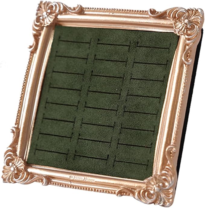 Vintage Photo Frame Ring Holder - 24 Slot Velvet Jewelry Organizer Display Stand for All Ring Sizes, Gold Baroque Elegant Storage Tray for Wedding Engagement Collection Photography (Green)