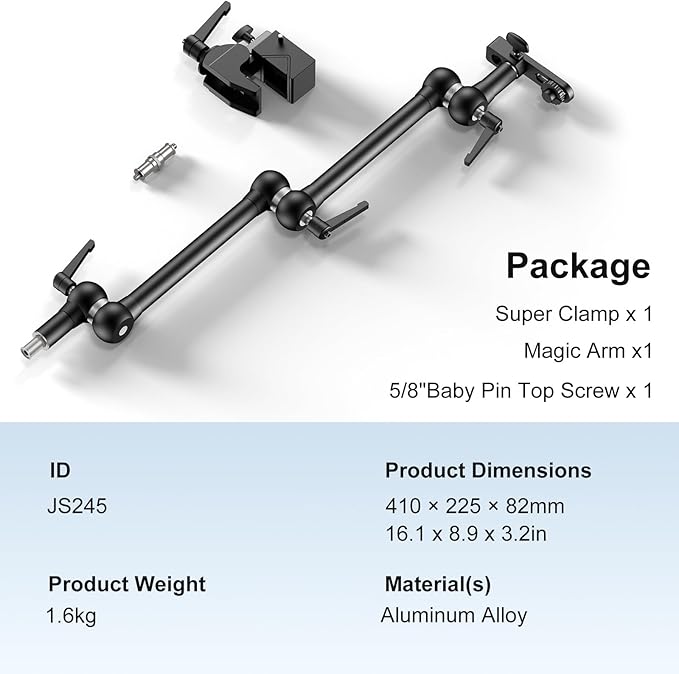 ALTSON 20.4"/52cm Magic Arm Mounting Kit - Super Clamp, 1/4" Screw Adapter, Overhead Camera Desk Mount Stand for Flash/LED Light/Microphone/Monitor, SmallRig Camera Cage, Max Load: 6.61lbs/3kg