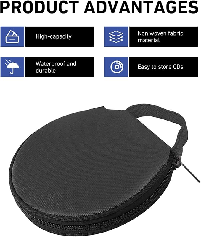 1 PC Car CD Case, Oxford Cloth Round CD Storage Bag with Handle, Waterproof Portable Large Capacity DVD Wallet File Organizer, Universal for Most Cars, Homes (Black)