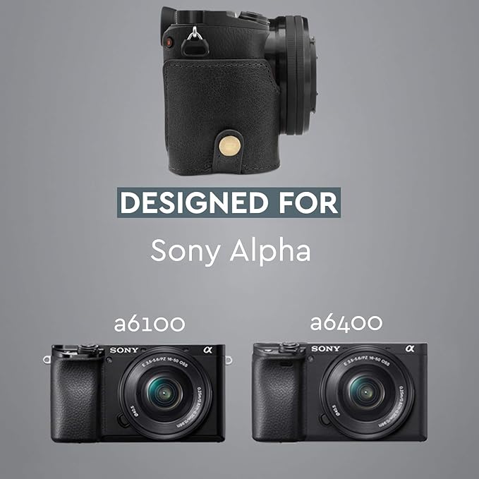 MegaGear MG1641 Ever Ready Genuine Leather Camera Half Case compatible with Sony Alpha A6100, A6400 - Black