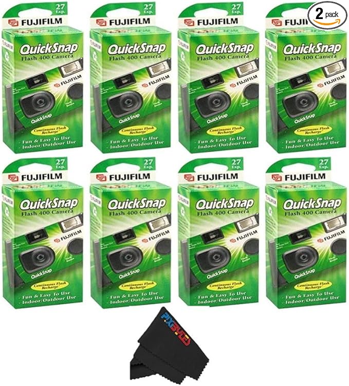 Fujifilm QuickSnap Flash 400 Disposable 35mm Camera with PixiBytes Microfiber Cleaning Cloth... (8 Packs (4 Twin Pack))