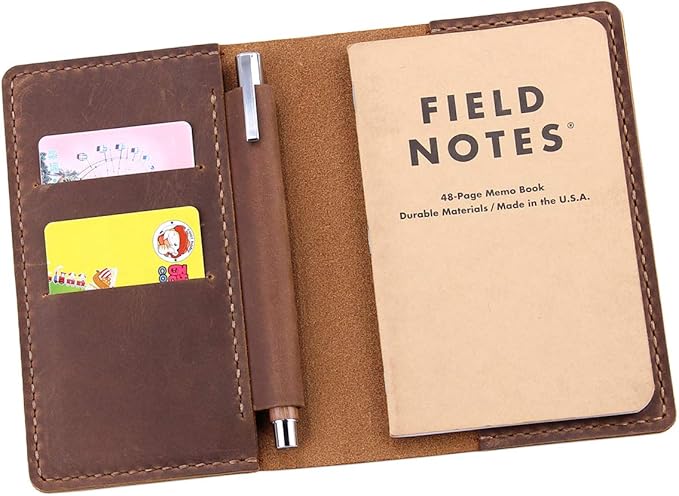 Leather Notebook Cover for Field Notes, Handmade Journal Cover for Moleskine Cahier Journal, Leather Cover with Pen Holder fits 3.5" x 5.5" Pocket Notebook - Brown