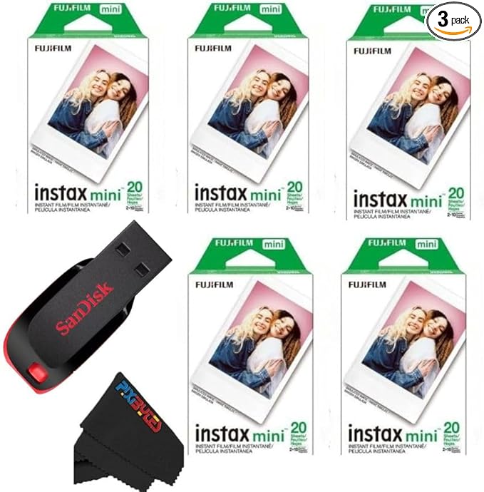 Fujifilm Instax Mini Instant Daylight Film for Instant Camera with USB and PixiBytes Microfiber Cleaning Cloth... (5 x Twin Packs + USB)
