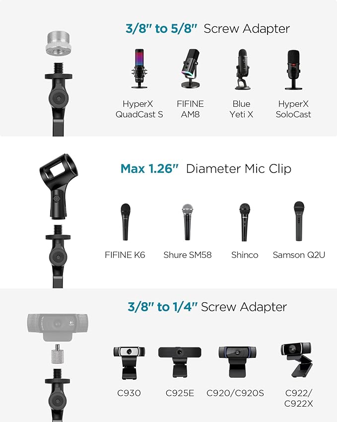 InnoGear Studio Mic Stand, Pack of 2 Max Load 2.64 lb Microphone Arm Desk Mount Desktop Microphone Stand for Fifine AM8 K669B Blue Yeti HyperX QuadCast SoloCast AT2020, Webcams Cameras, Black