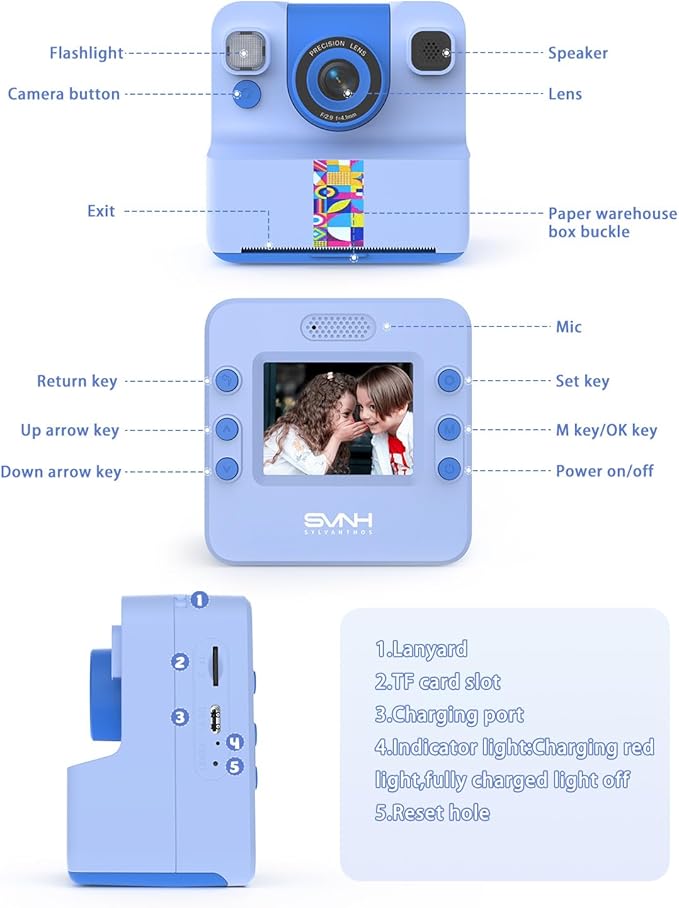Kids Camera Instant Print, Digital Camera for Kids, 180° Rotating Selfie Lens with 32GB SD Card & 2 Rolls Printing Paper Kids Toy Birthday Gifts for Boys Girls Ages 3-12, Blue