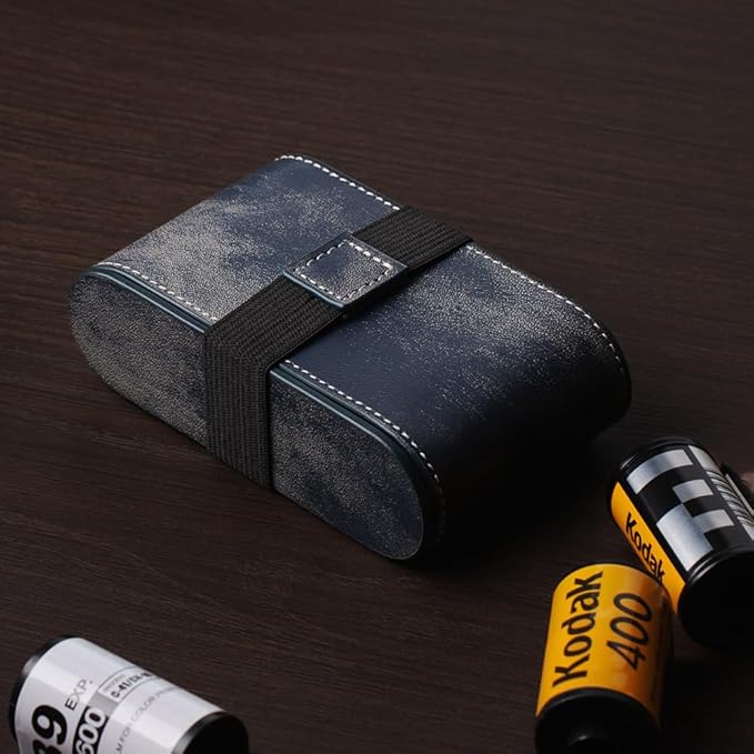 35mm 135 Film Container Storage Box Leather Camera film protection box Storage Carrying Case Bag (Blue-case)